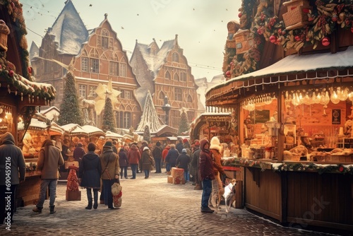 Christmas market in historic European town square with festive decorations. Holiday season and shopping. © Postproduction