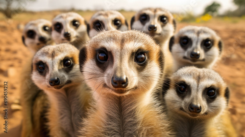 Playful group of curious meerkats standing up to look at the viewer. Meerkats live in Southern Africa's plains and grasslands. © Daniel L