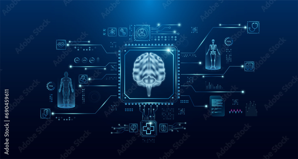 Brain organ human in microchip processor circuit board. HUD interface hologram. Innovative health care analysis of AI technology digital hi tech. Modern treatment future medicine. Vector. - obrazy, fototapety, plakaty 