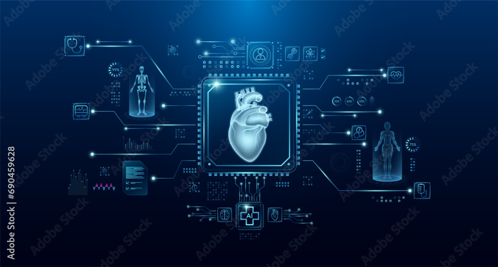 Heart organ human in microchip processor circuit board. HUD interface