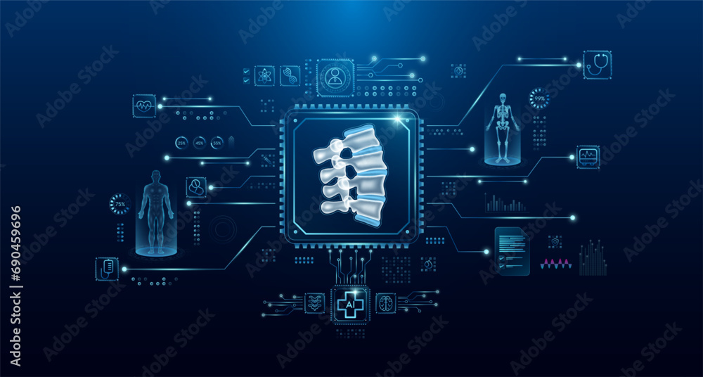 Spine bone organ human in microchip processor circuit board. HUD