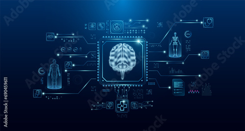 Brain organ human in microchip processor circuit board. HUD interface hologram. Innovative health care analysis of AI technology digital hi tech. Modern treatment future medicine. Vector. photo