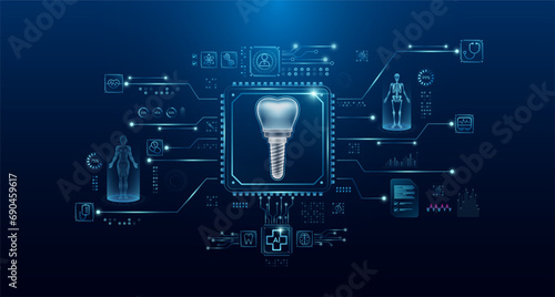 Dental implant organ human in microchip processor circuit board. HUD interface and a hologram. Modern treatment future medicine. Innovative health care analysis of AI technology digital. Vector.