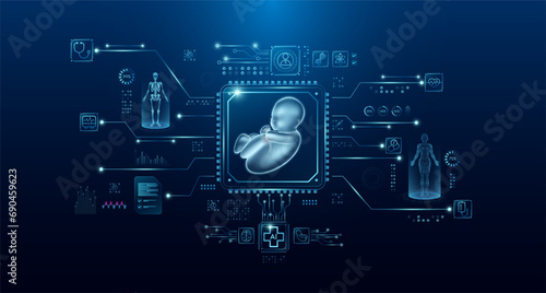 Fetus organ human in microchip processor circuit board. HUD interface and a hologram. Modern treatment future medicine. Innovative health care analysis of AI technology digital hi tech. Vector.
