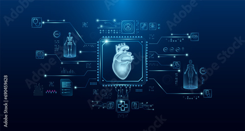 Heart organ human in microchip processor circuit board. HUD interface and a hologram. Modern treatment future medicine. Innovative health care analysis of AI technology digital hi tech. Vector.