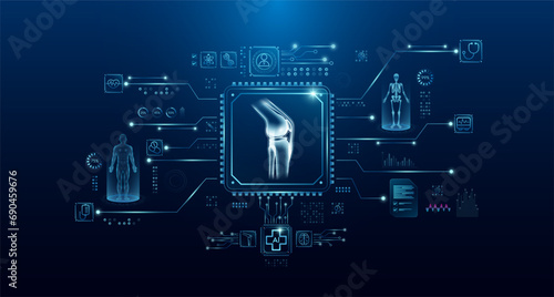 Knee joint bone organ human in microchip processor circuit board. HUD interface hologram. Innovative health care analysis of AI technology digital hi tech. Modern treatment future medicine. Vector. photo