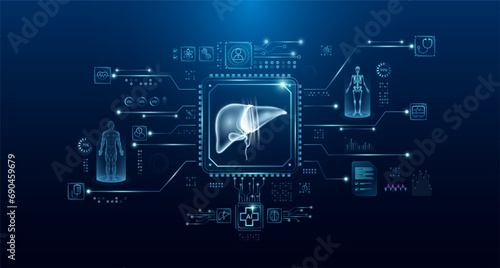 Liver organ human in microchip processor circuit board. HUD interface hologram. Innovative health care analysis of AI technology digital hi tech. Modern treatment future medicine. Vector.