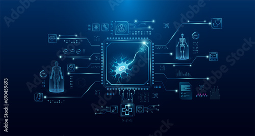 Nerve cell human in microchip processor circuit board. HUD interface hologram. Innovative health care analysis of AI technology digital hi tech. Modern treatment future medicine. Vector. #690459693