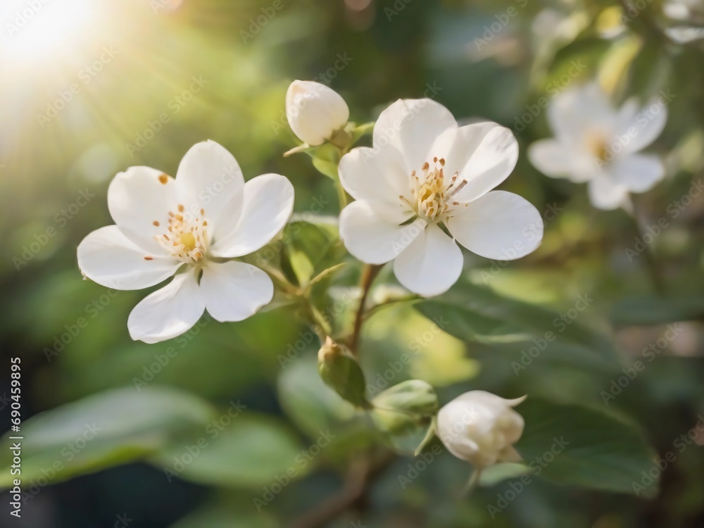 beautiful white coffee flowers in the garden, sunlight, detail coffee flowers, realistic coffee flowers