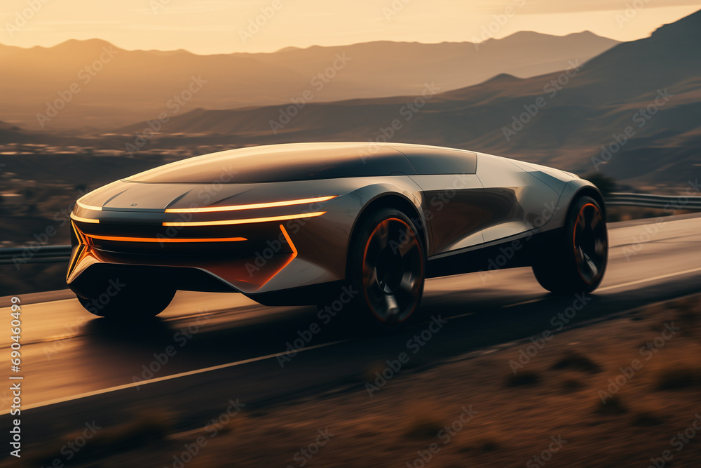 Advertising style concept sci-fi vehicle with the city skyline as the backdrop speeding on the road, sci-fi concept vehicle, city skyline, golden hour, futuristic - GENERATIVE A