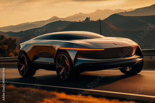 Advertising style concept sci-fi vehicle with the city skyline as the backdrop driving on the road, sci-fi concept vehicle, city skyline, golden hour, futuristic - GENERATIVE A