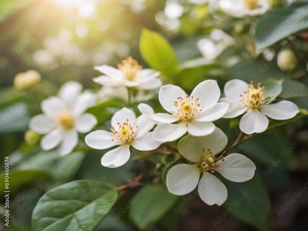 beautiful white coffee flowers in the garden, sunlight, detail coffee flowers, realistic coffee flowers