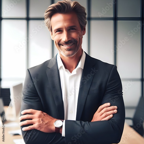 A middle aged businessmen CEO model smiling and crossed arms wear nice suite on the office background ,mature guy,office workers,Working 