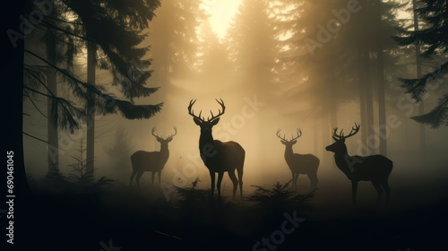A group of deer standing in the middle of a pine forest early in the morning, mysterious silhouettes in the mist.