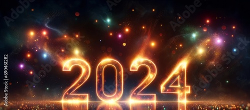 Wide angle of a vibrant 2024 numerals with a cosmic background and festive fireworks.