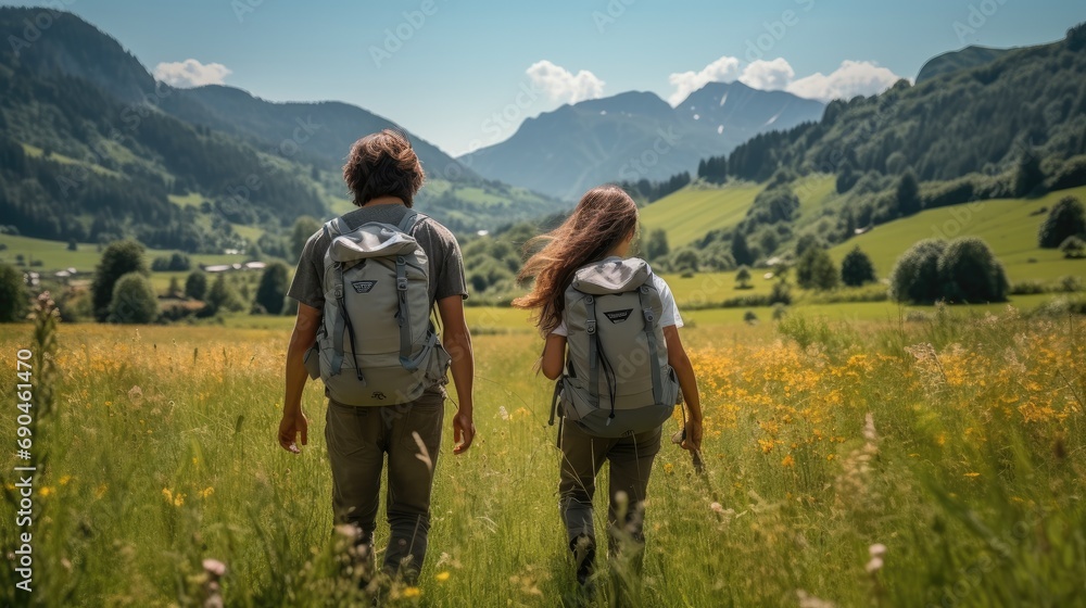 A couple walking with backpacks on the green meadow. Generative AI.