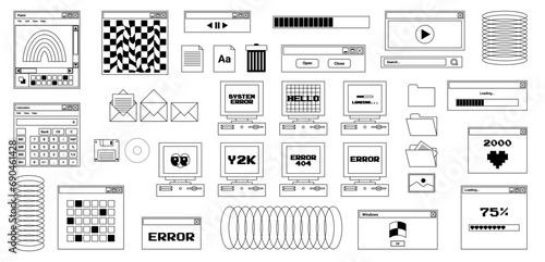 User Interface y2k stickers. Retro icon browser, buttons, screen computer, folder, file, document thumbnails, loading progress bar, notifications and more. Black, white colors. Vector illustration.