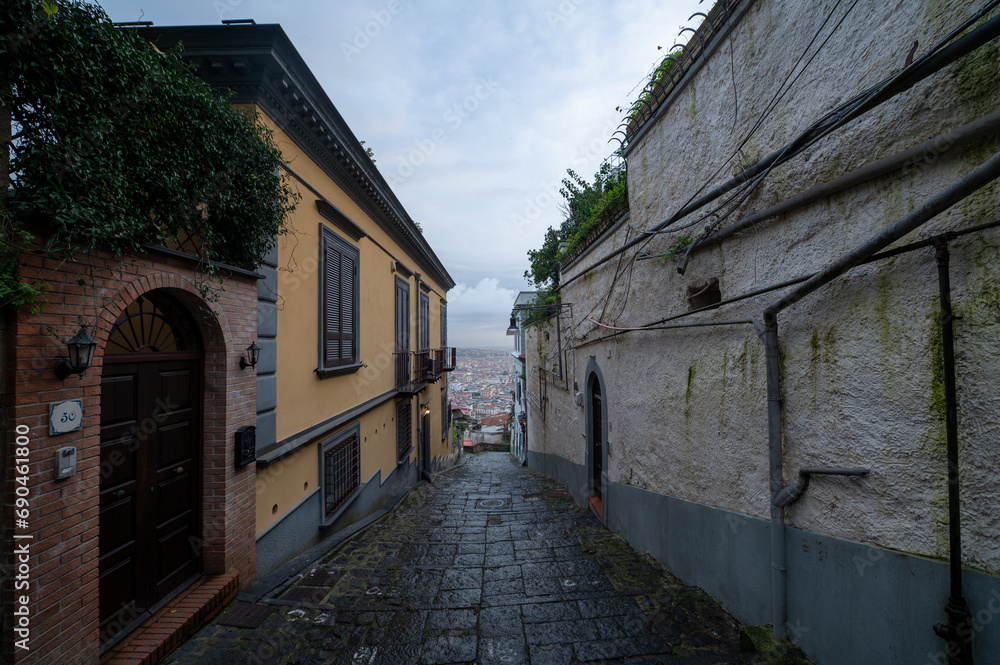 Streets around the Castle of San Elmo in the city of Napoli in the morning with Vesuvius in the background