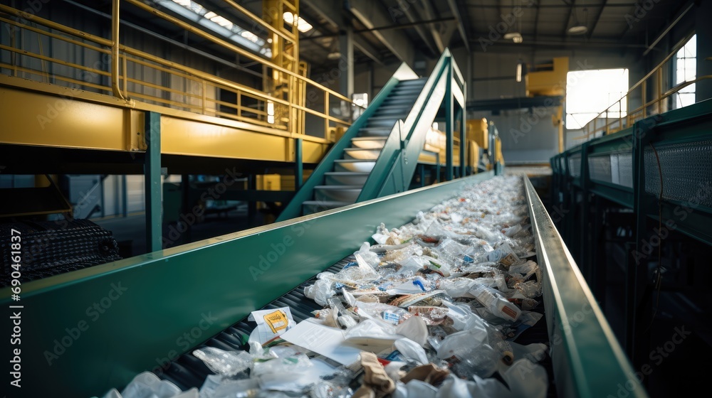 Recyclable materials on conveyor belt in a facility. Generative AI. Recyclable materials on conveyor belt in a facility. Generative AI.