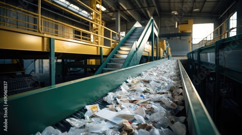 Recyclable materials on conveyor belt in a facility. Generative AI. © visoot