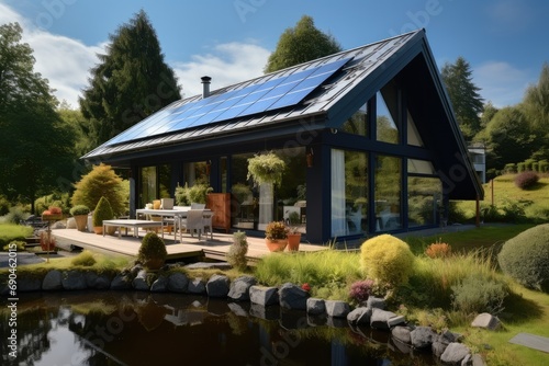Beautiful private house with solar panel on the roof  Sunny weather. Generative AI.