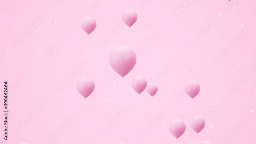 Light pink background with glitter cute pastel pink star particles blinking for valentines day greeting card design. Glowing light particle with flying balloons