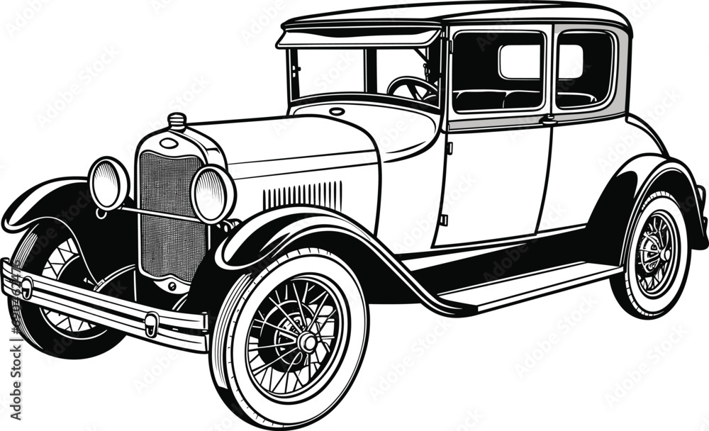 Old Classic Car black and White Illustration