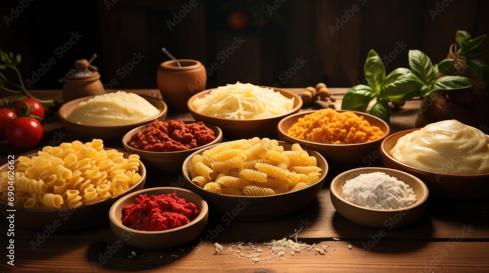 Different pasta dishes on a wooden table. Generative AI. Different pasta dishes on a wooden table. Generative AI.
