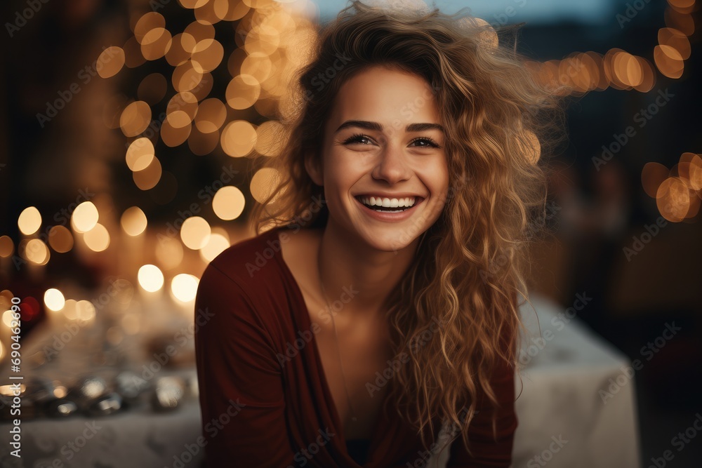 Obraz premium Smiling woman excited about Christmas gifts. Generative AI.