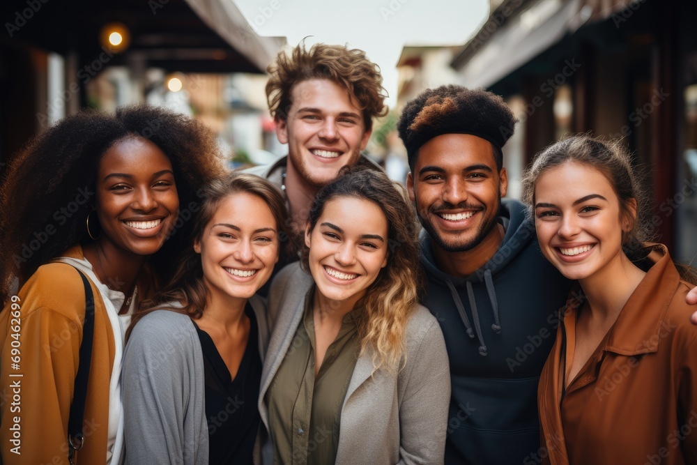 Portrait group of smiling people of different nationalities outside. Generative AI. Portrait group of smiling people of different nationalities outside. Generative AI.