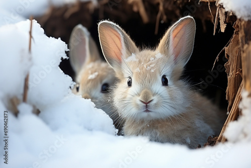 A pair of rabbits in a snowy pit