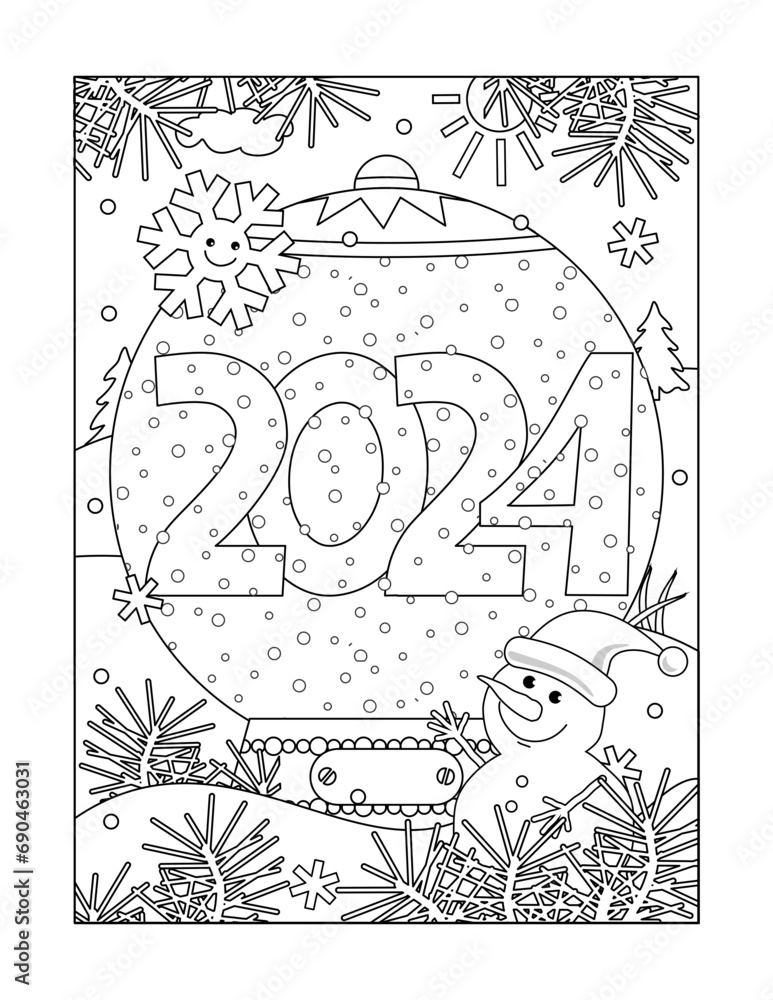 Year 2025 snow globe coloring page, poster, sign or banner black and