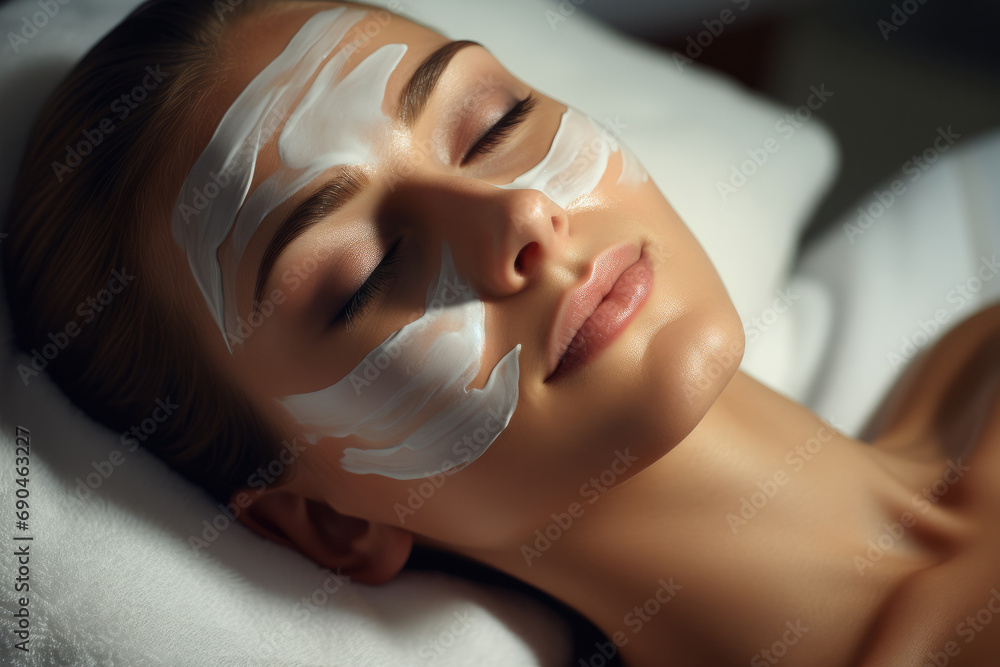 Naklejka premium A woman enjoying a luxurious cream face mask treatment in a serene spa, Relaxed. Generative AI.