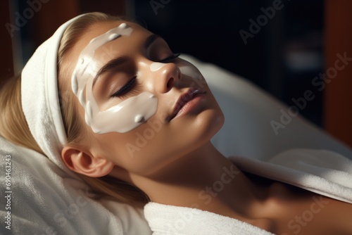 A woman enjoying a luxurious cream face mask treatment in a serene spa  Relaxed. Generative AI.
