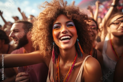 Happy mixed race people at a music festival lots of color. Generative AI. © visoot