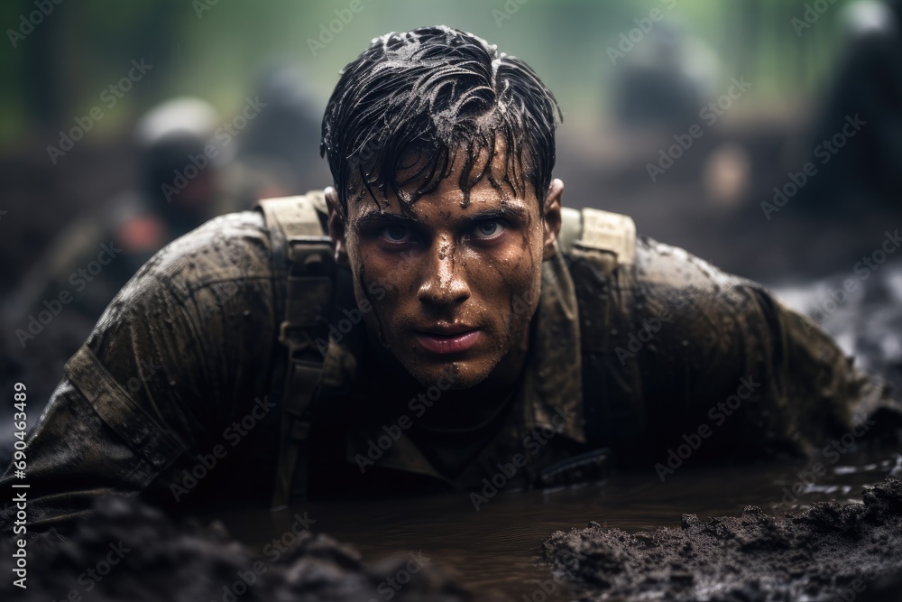 Soldier in his uniform crawling in mud. Generative AI. Soldier in his uniform crawling in mud. Generative AI.