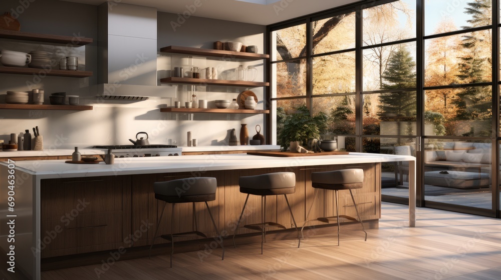 A contemporary kitchen with a glass backsplash and casement windows. Generative AI.
