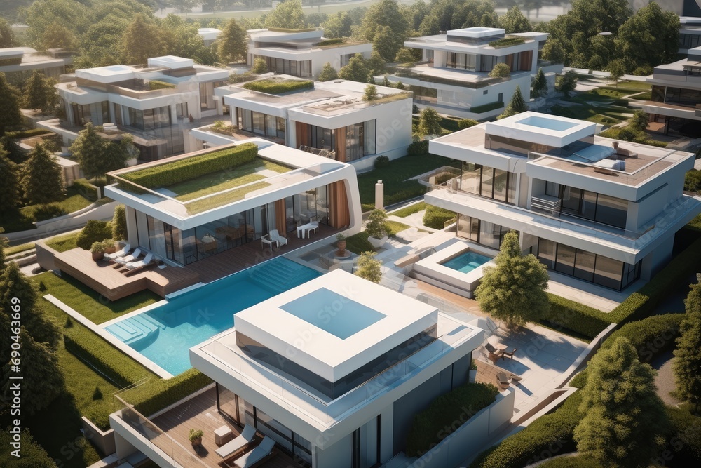 A luxury modern houses, Some houses have pools and garages, Top view. Generative AI. A luxury modern houses, Some houses have pools and garages, Top view. Generative AI.