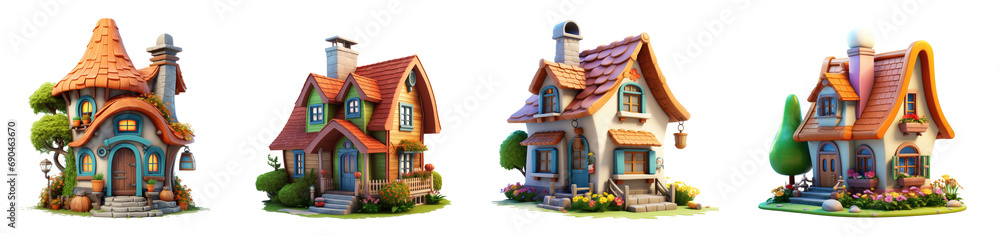 Set of 3d cartoon clipart Old cozy rural cute house,  isolated on white and transparent background