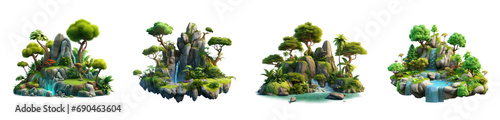Set of 3d cartoon clipart island forest, isolated on white and transparent background photo
