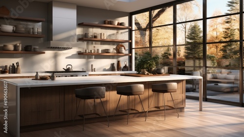 A contemporary kitchen with a glass backsplash and casement windows. Generative AI. photo