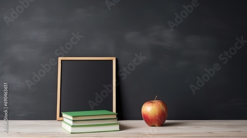 Set up study equipment, apple pencil books, classroom table with black board background