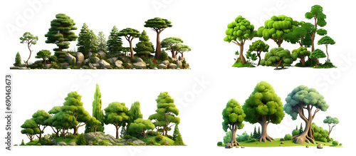 Fototapeta Naklejka Na Ścianę i Meble -  Set of 3d cartoon clipart forest trees, isolated on white and transparent background