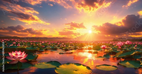 Lotus flower in pond with rays of sunlight, lots of clouds,4k, art nouveau style, sunset colours, very detailed
