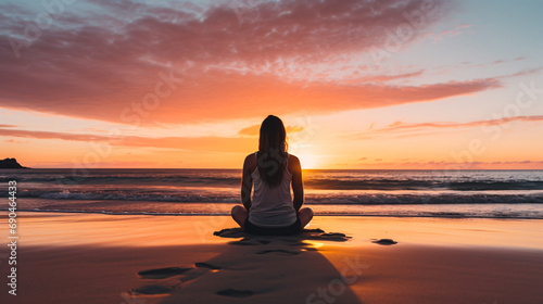 Serene Beach Scene Depicting Mindfulness and Relaxation with a Person Meditating at Sunset © Saran