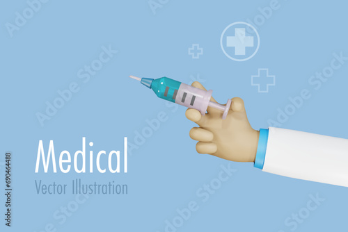 Doctor hand holding syringe for injection. Medical, healthcare, vaccination and plastic surgery concept. 3D cartoon character. Vector.