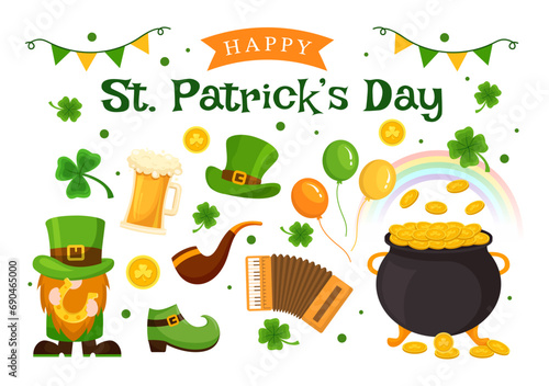 Happy St Patrick's Day Vector Illustration on 17 March with Golden Coins, Green Hat, Beer Pub and Shamrock in Flat Cartoon Background Design
