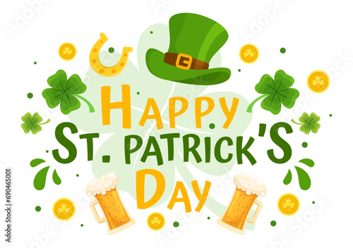 Happy St Patrick's Day Vector Illustration on 17 March with Golden Coins, Green Hat, Beer Pub and Shamrock in Flat Cartoon Background Design