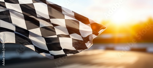 Finish racing flag with sunset light effect. Generative AI technology. photo