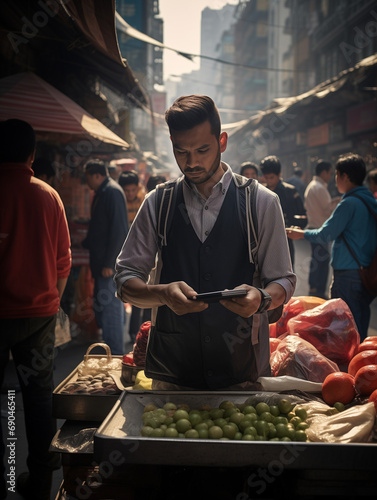 A Photo of a Street Vendor in a Bustling City Accepting Mobile Payments from Customers